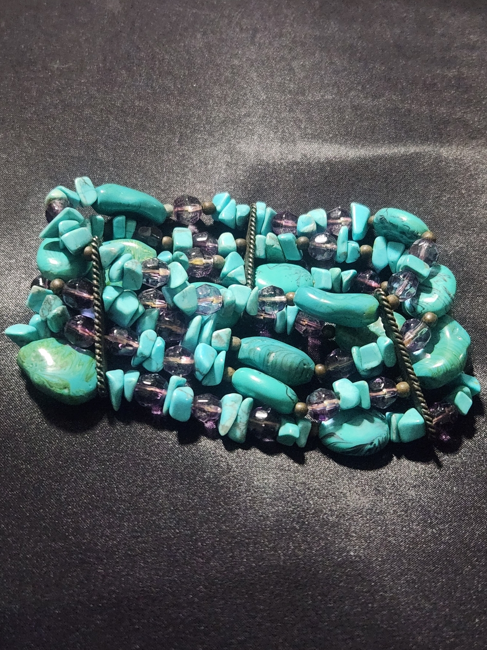 Boho Turquoise & Purple Crystal Multi-Strand Stretch Cuff Bracelet​